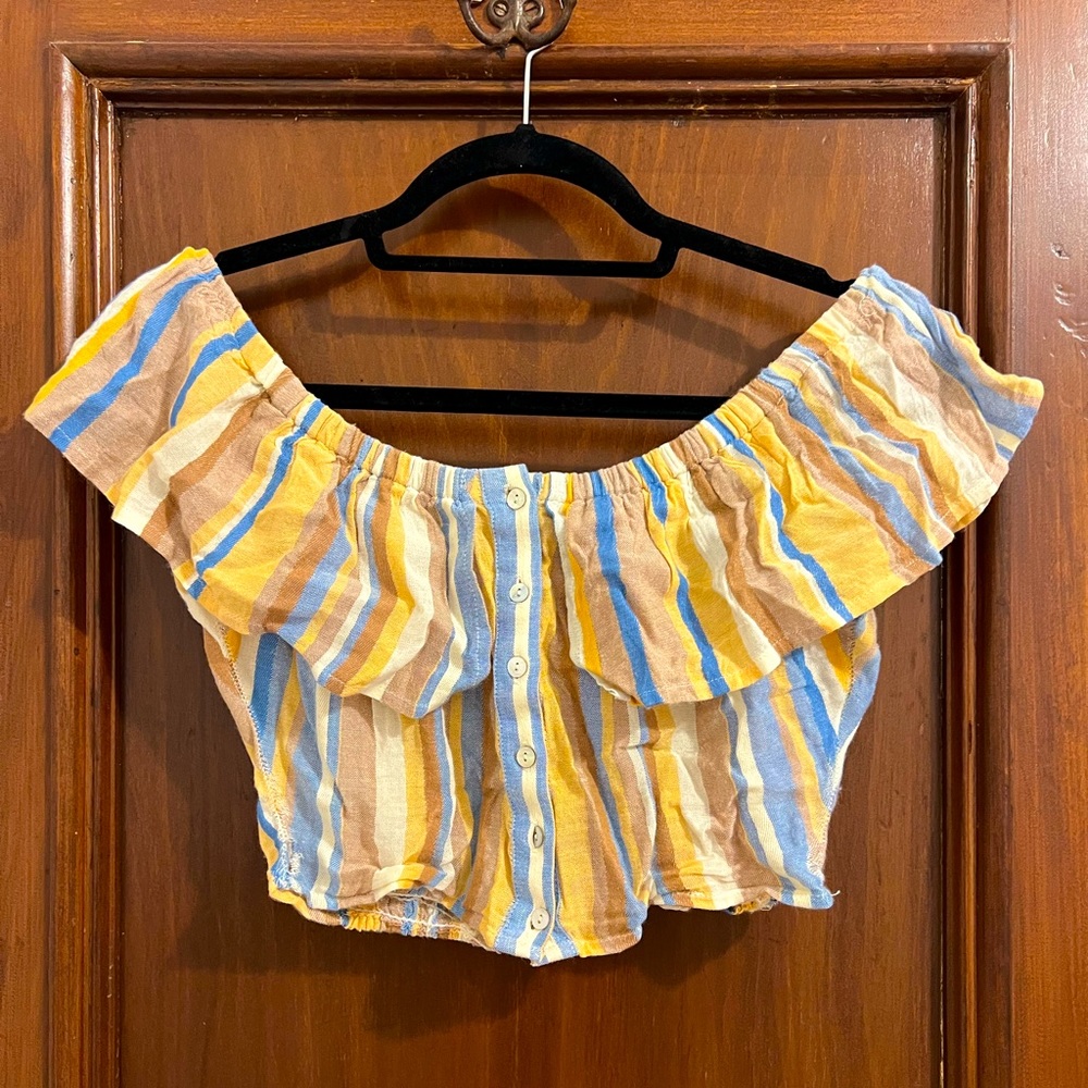 Ruched striped off-the-shoulder crop top